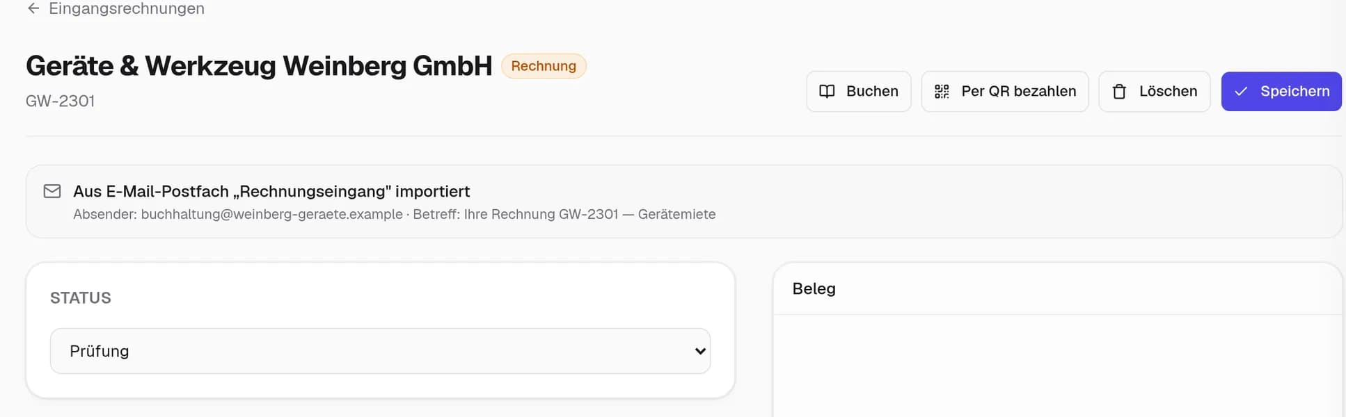 Eingangsrechnung GW-2301 von Geräte & Werkzeug Weinberg GmbH in BuHaPro. Über dem Beleg steht der Hinweis „Aus E-Mail-Postfach ‚Rechnungseingang‘ importiert“ samt Absender und Betreff, der Status steht auf „Prüfung“.