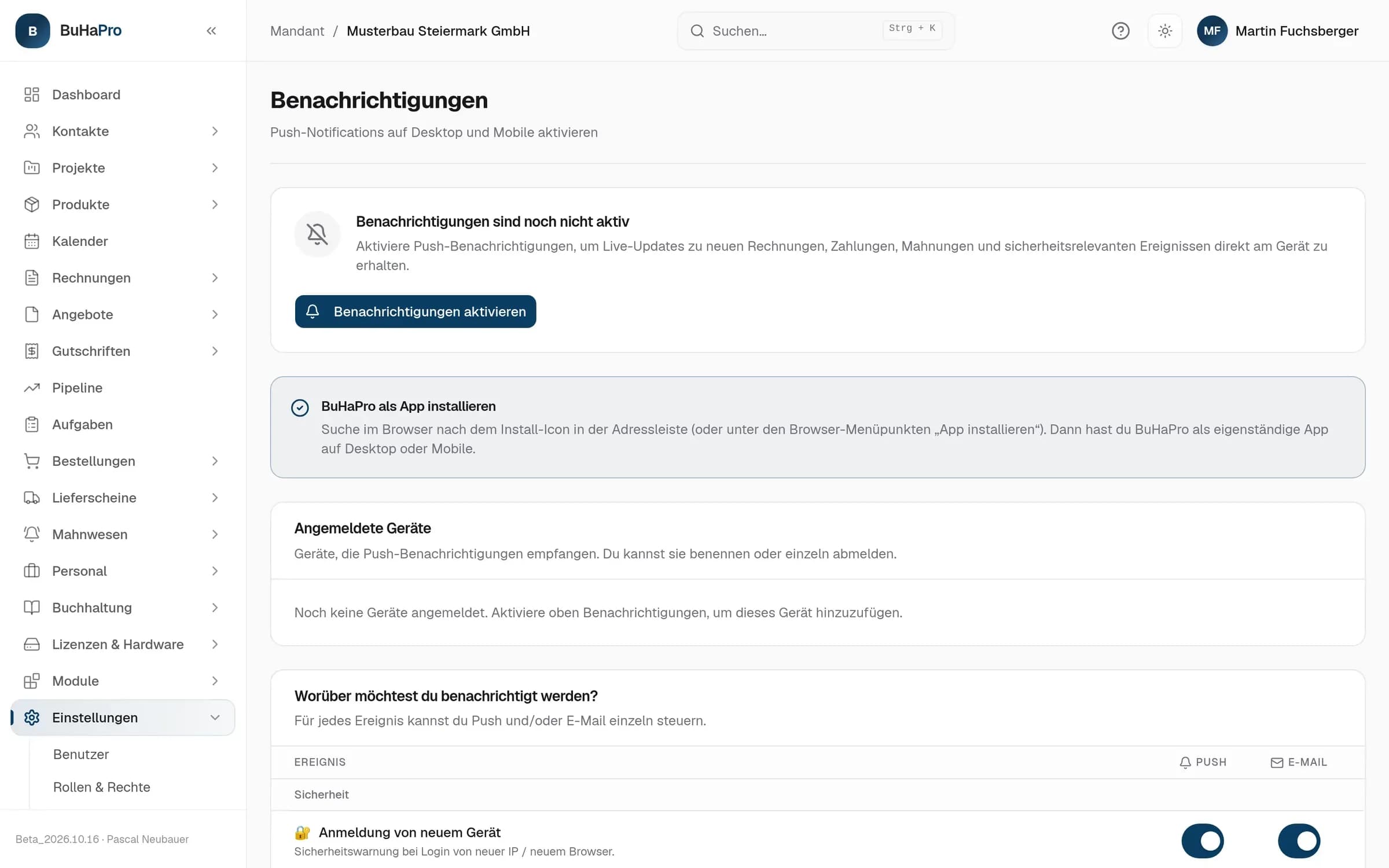 Einstellungen für Benachrichtigungen in BuHaPro: die Frage „Worüber möchtest du benachrichtigt werden?“ und darunter das erste Ereignis „Anmeldung von neuem Gerät“.