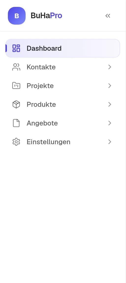 Dieselbe Seitenleiste in der selbst angelegten Rolle Baustellenleitung: nur Dashboard, Kontakte, Projekte, Produkte, Angebote und Einstellungen.
