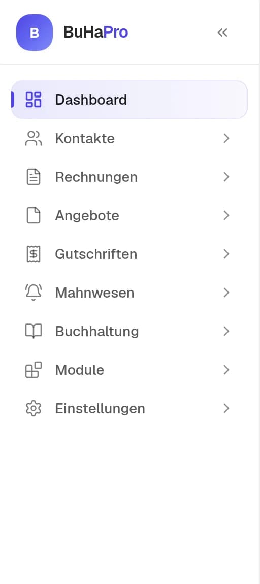 Dieselbe Seitenleiste in der Rolle Buchhaltung: Dashboard, Kontakte, Rechnungen, Angebote, Gutschriften, Mahnwesen, Buchhaltung, Module und Einstellungen. Personal, Lizenzen & Hardware, Projekte und Produkte fehlen.