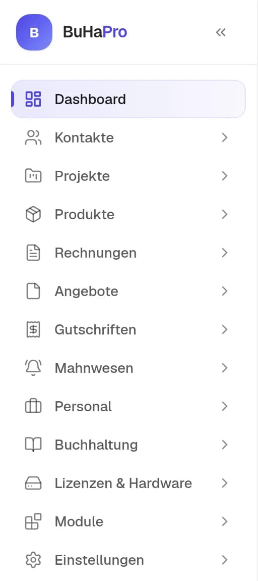 Seitenleiste von BuHaPro in der Rolle Inhaber: Dashboard, Kontakte, Projekte, Produkte, Rechnungen, Angebote, Gutschriften, Mahnwesen, Personal, Buchhaltung, Lizenzen & Hardware, Module und Einstellungen.