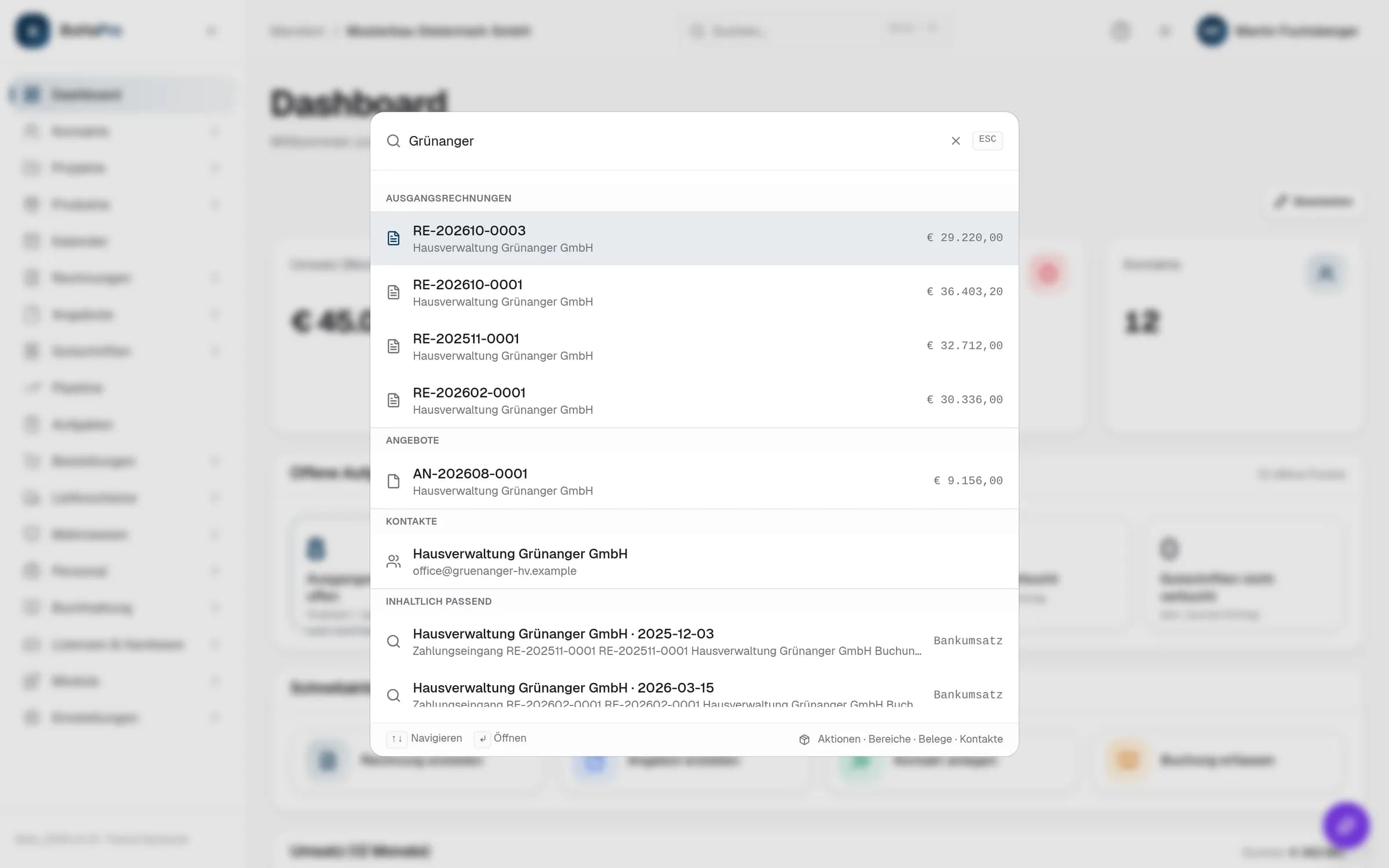 Geöffnete Suche in BuHaPro mit dem Begriff „Grünanger“. Die Treffer sind nach Art gruppiert und zeigen Belegnummer und Kunde, darunter die Ausgangsrechnung RE-202610-0001 und das Angebot AN-202608-0001.